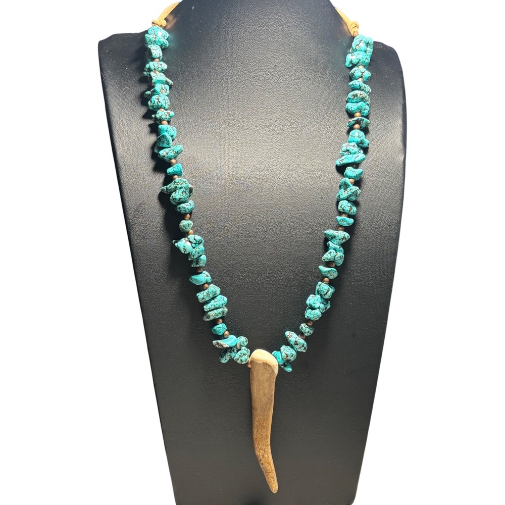 Necklace Turquoise Deer Antler Buckskin Leather Southwestern Artisan
